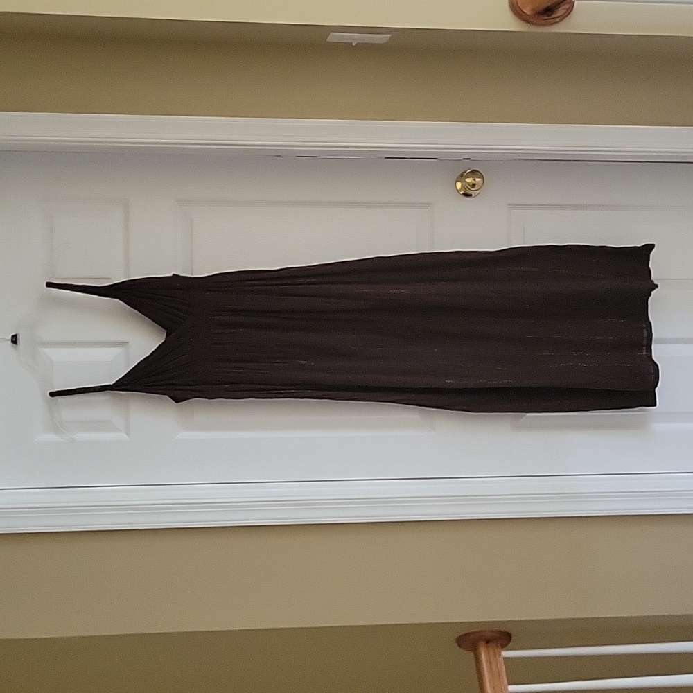 Brown cotton lined maxi dress with braided straps and gold thread
